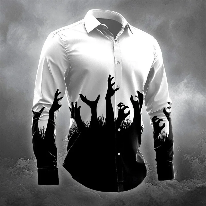 Men's Halloween Horror Long Sleeve Button Lapel Shirt, Dark Party Shirt, Seção Fina, Outono, Inverno, Outono, Inverno, Impressão 3D, S-5XL