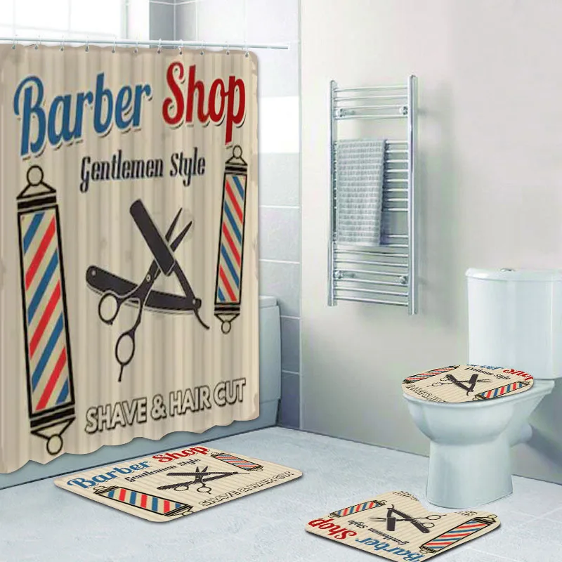 

Vintage Barber Shop Shower Curtain Set for Bathroom Barbershop Decor Toilet Bathtub Accessories Bath Curtains Mats Rugs Carpets