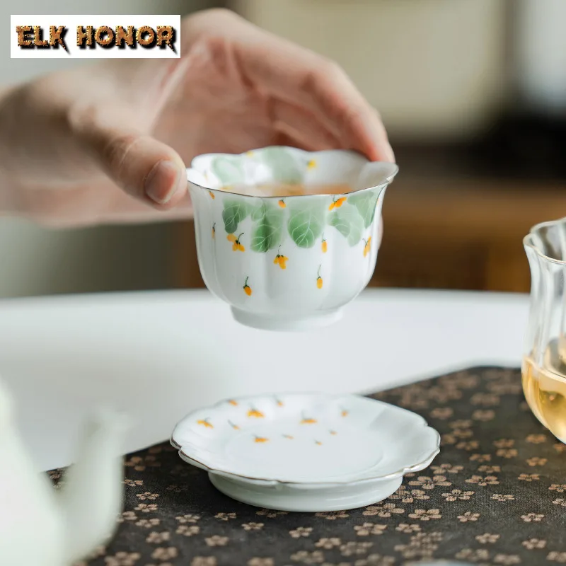 50ml Hand Drawn Gold Osmanthus Master Cup Cersmic High Footed Cup With Coaster Small Tasting Mug Retro Tea Bowl Cafes Gift Craft