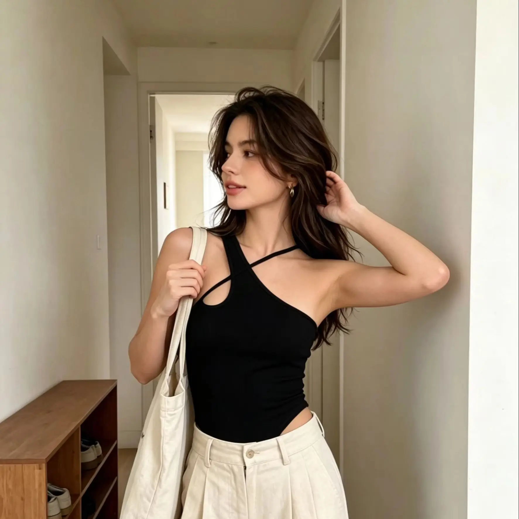 Summer Women's Solid color Asymmetric Cross Strap Ribbed Bodysuit Lightweight Casual Basic Sleeveless Slim Fit Daily Clothing