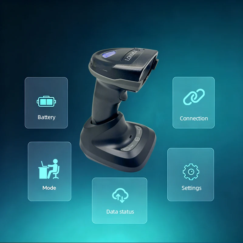 LONVILL QR Code Scanning Gun Power Level Work Mode Data Transmission Status Voice Broadcast 1D 2D Wireless Usb Barcode Scanner