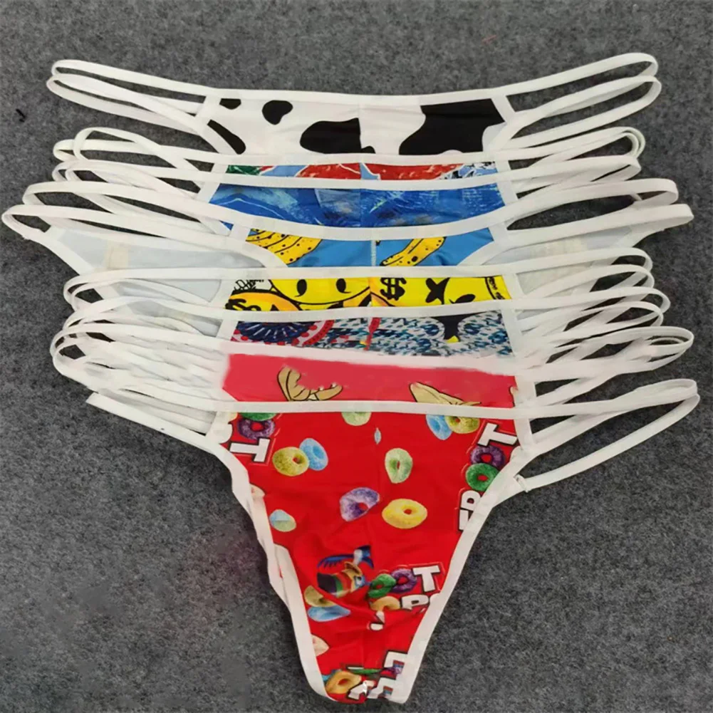 

New Sexy Silky Mens T-Back G-string Thong Bikini Swimwear Convex Pouch Underpants Mans Underwear Funny Printing Pouch Thongs