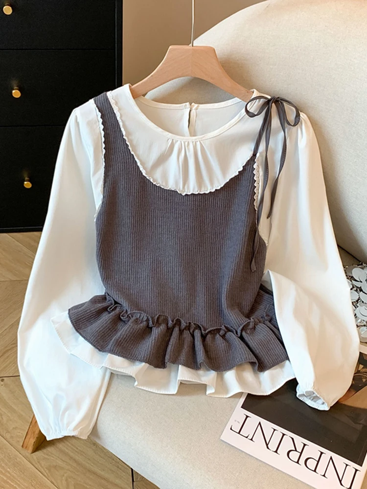 

Spring 2026 Women's round Ne Long Sve irt Slimming Lace Hem Two-Piece Set Cleanfit Sle Casual Ciwalk Faion