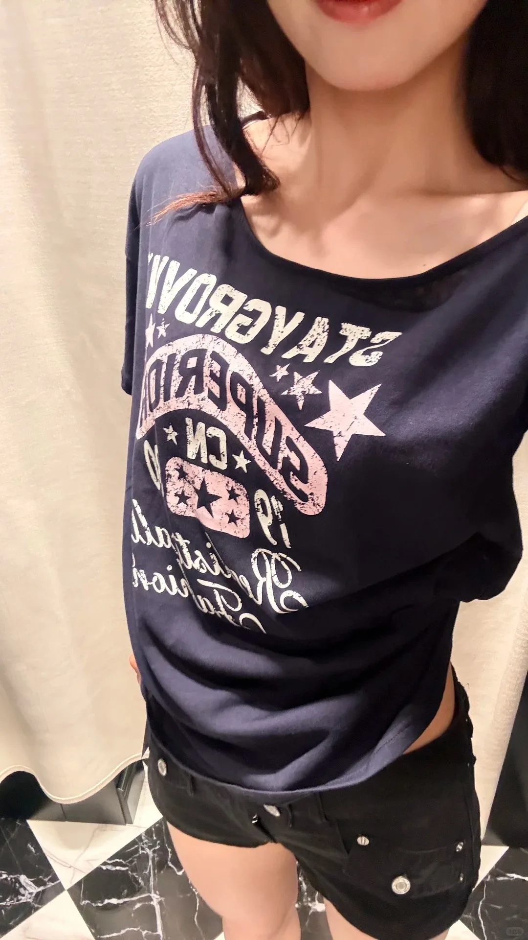 Navy Letter Print Slash Neck T-shirts Women Summer Simple Cotton Short Sleeve Tee Casual Vintage Preppy Style Tshirt Y2K Tops