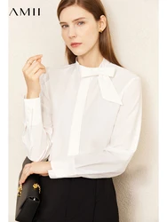 AMII Minimalism Shirts for Women 2022 Spring Autumn Elegant Solid Long Sleeves Office Lady Bow Neck Casual Female Tops 12240912