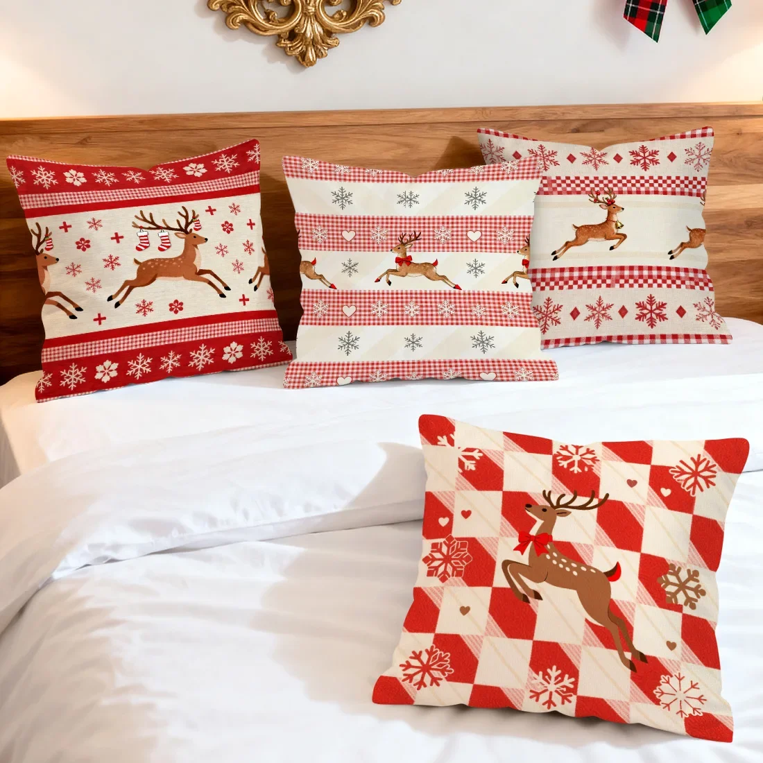 

Retro Plaid Christmas Deer Cushions Pillowcase Polyester Cushion Cover Throw Pillow Pillowcover Home Car Sofa Decor