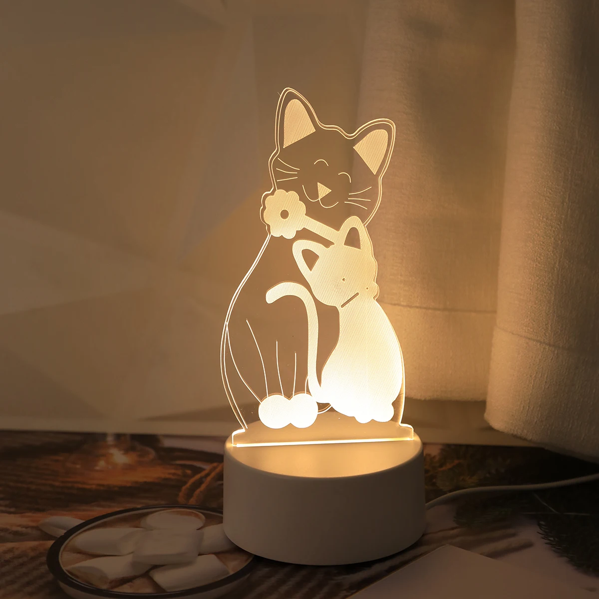 3D Embrace Cat Acrylic Visual Night Light LED Children\'s Night Light Bedroom Decoration Atmosphere LightSuitable for Bedroom