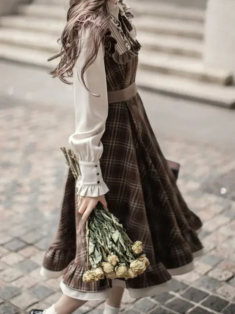 

Falso Vestido de Два peças para mulheres saia longa Reisender ajuste cintura cinching vintage lolita xadrez arco novo estilo coreano
