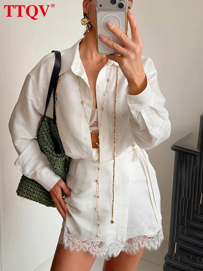 

TTQV Fashion Loose White Cotton Women's Two Pieces Set 2026 Elegant Long Sleeve Shirt With High Waist Mini Skirt Set Female