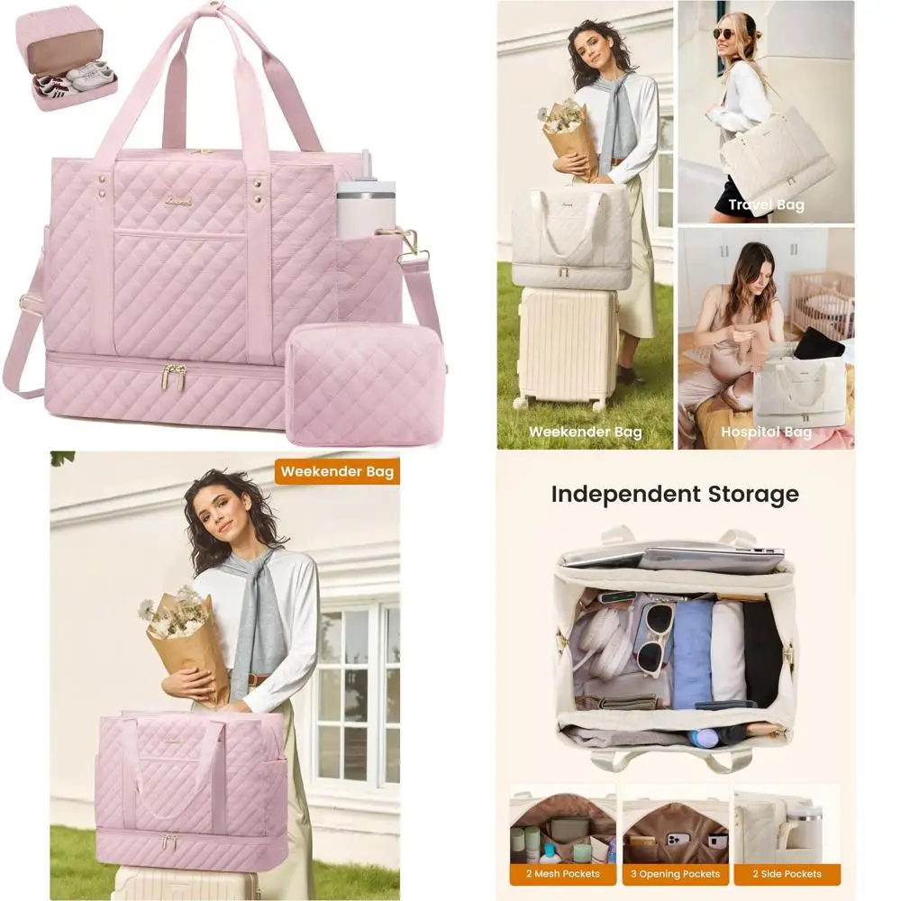 

Women's 45L Large Weekender Duffle Bag with Shoe Compartment, Wet Pocket, Quilted Carry-On Personal Item Luggage for Travel