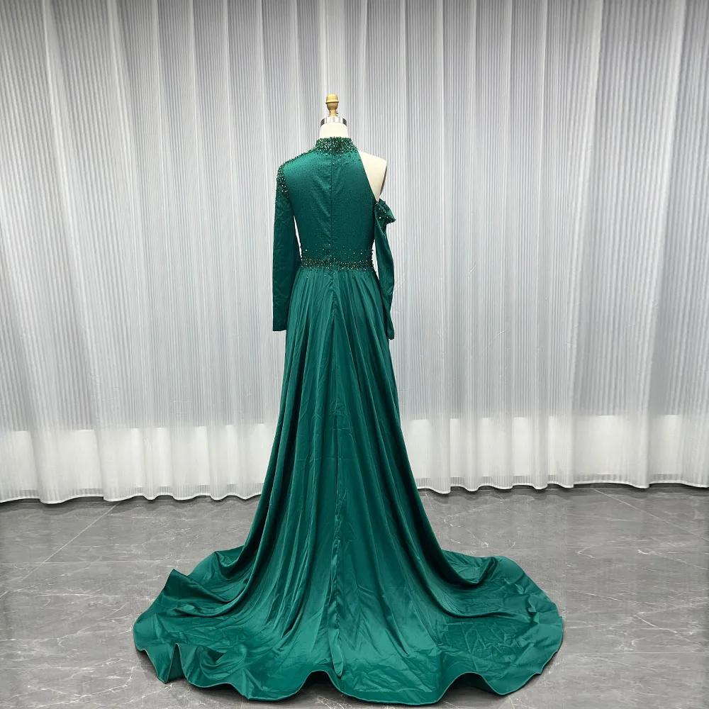 YQLNNE Arabic Green Long Sleeve Evening Dress Unique High Neck Satin Beaded Formal Mermaid Gowns In Stock