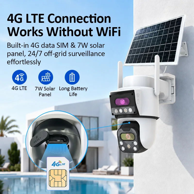 8MP 4G LTE Dual Lens Solar Security Camera Outdoor Wireless CCTV Camera Solar Panel Low Power Waterproof Home Surveillance