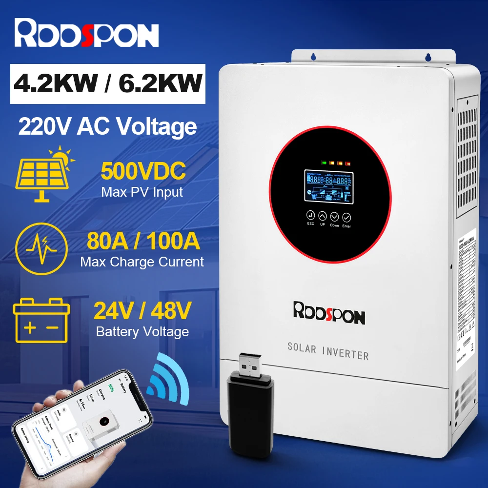 RDDSPON Hybrid Solar Inverter 4.2KW 6.2KW On Grid Pure Sine Wave Inverter 24V 48V 220V With MPPT 80A 100A PV Charger Controllers