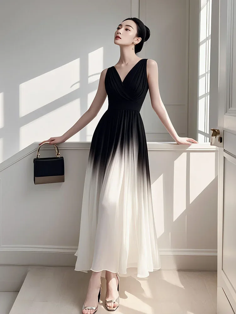 Robe longue sans manches en mousseline de soie, 2 styles sans collision, nickel é noir et blanc, jupe unique, beau tempérament, 600, offre spéciale