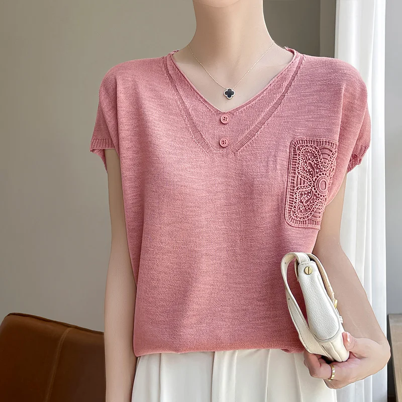 Women's T-shirt Summer New Pure Cotton T-shirt Casual Solid Color Knitted Short sleeved V-neck Pullover Loose Korean Fashion Top