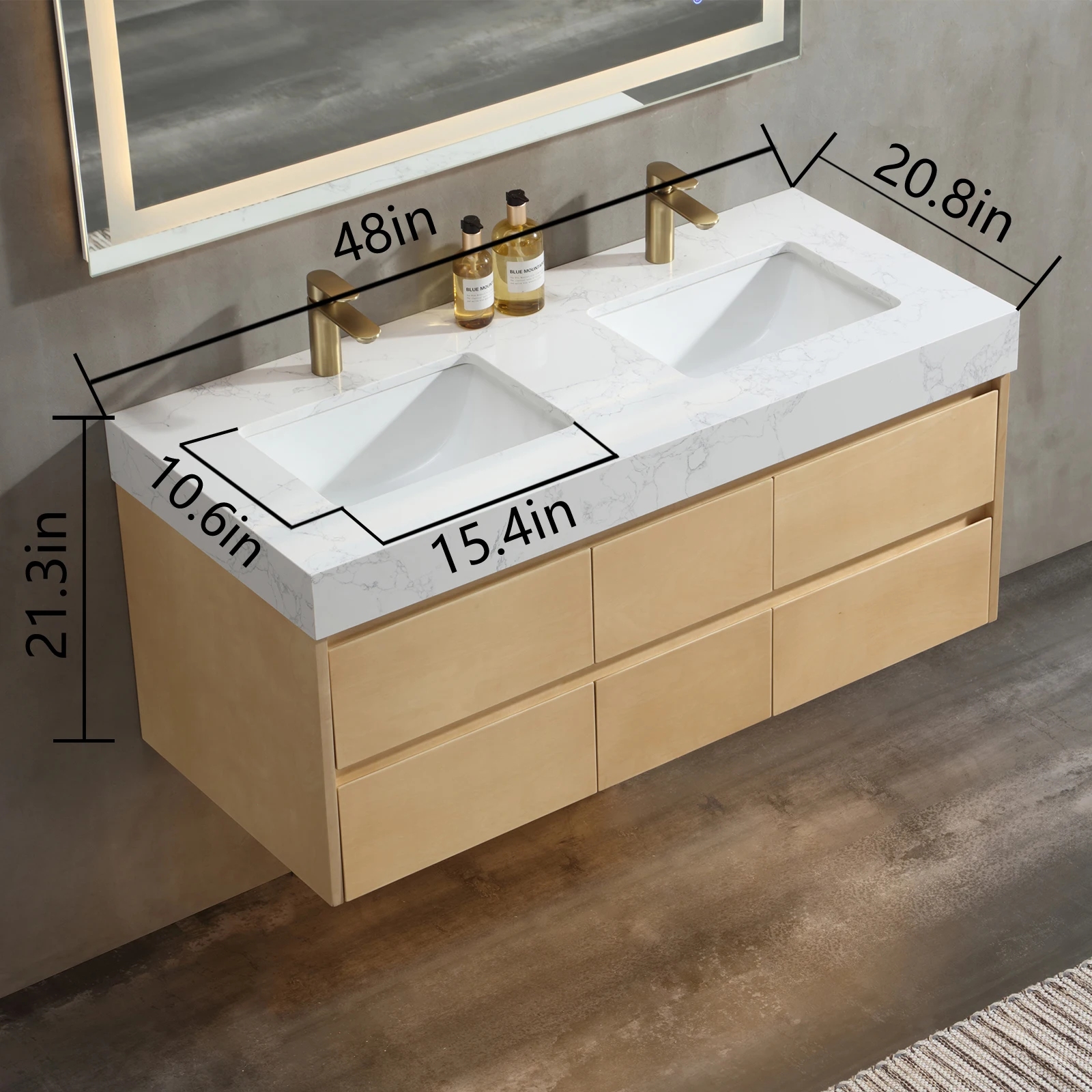 Maple floating bathroom sink solid birch 12mm sintered stone double-layer embedded sink