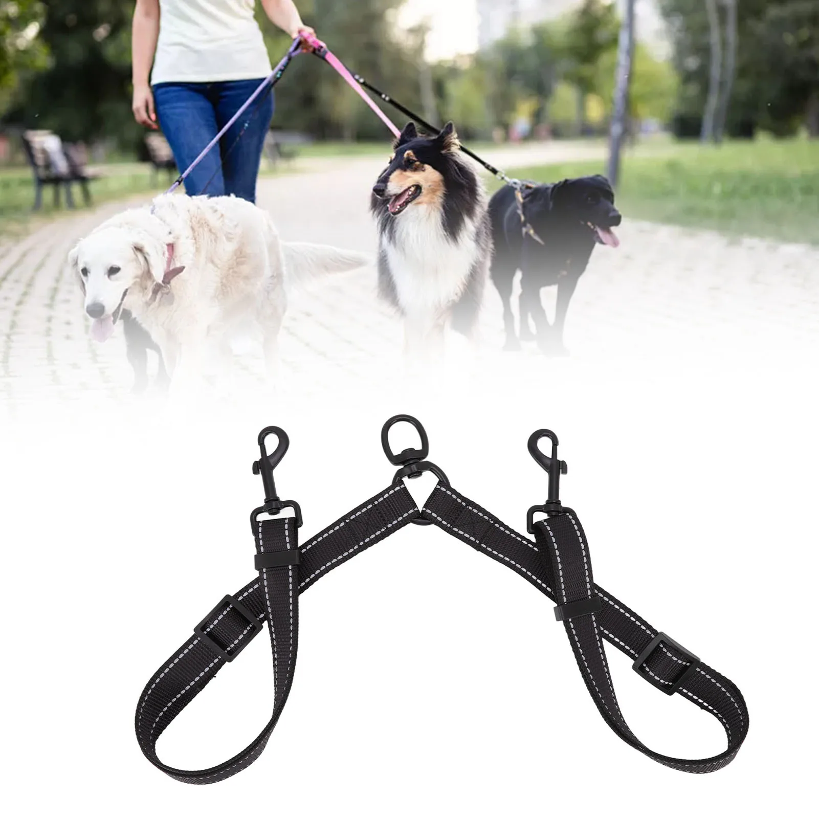 2 In1 Dog Go Out Leash Black Nylon 360 Degree Swivel Reflective Dual Dog Walking Leash For Dog Outdoor Activity