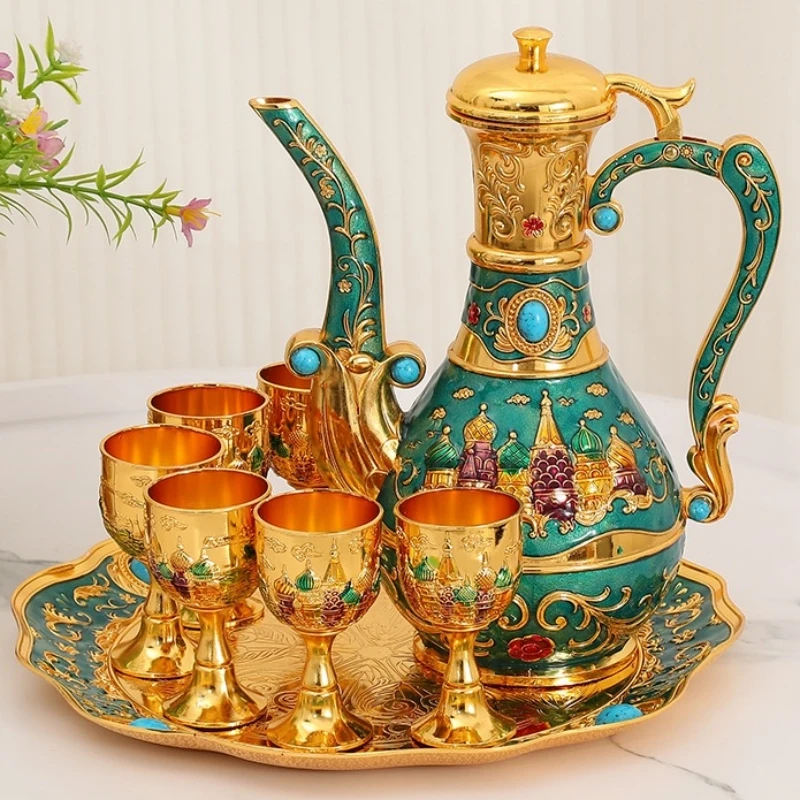 

1Set Exquisite Vintage Wine Glass,Engraving Castle Texture Alloy Home Wine Glass Set,Wine Pot Home Living Room Decoration