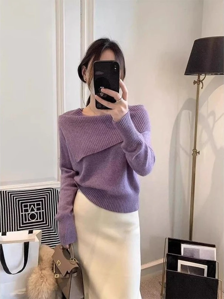 2026 French Style Knitted Top Women Autumn Winter Off Shoulder Collar Shirt Fashion Chic Slim Base Layer Pullover