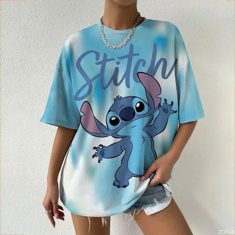 

Женская футболка большого размера с принтом Disney Stitch, летняя модная уличная одежда, наряды для вечеринок и повседневный стиль, топ Y2k