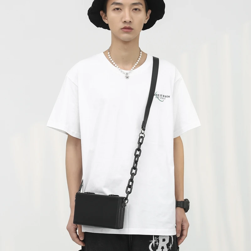 VC Trend Fashion Men\'s Chains Box Bag Simple Solid Sling Shoulder Bag Suitcase Shape Bag Brand Designer Crossbody Bags for Youth