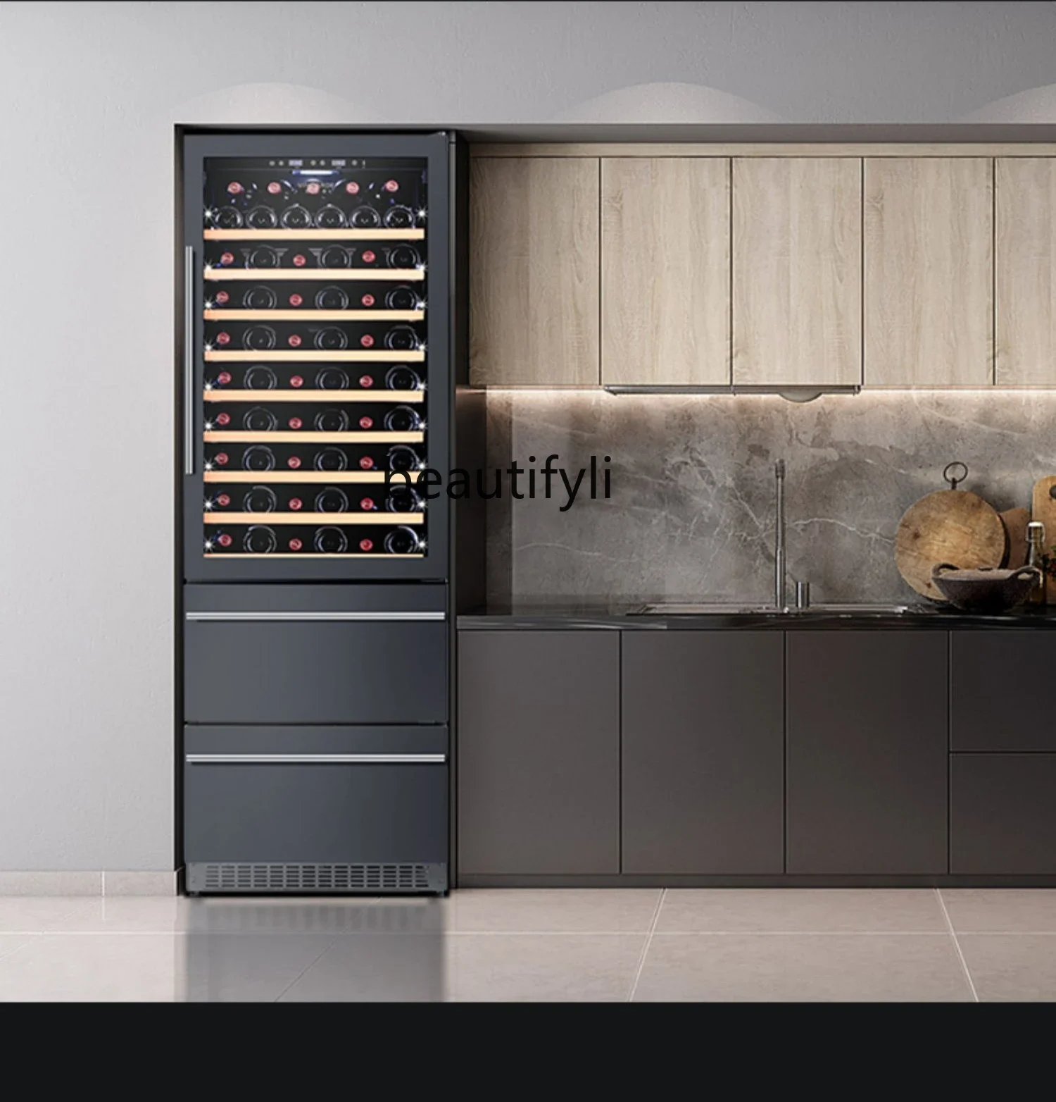 Three-door frequency conversion drawer cabinet constant temperature wine cabinet black steel embedded refrigerator