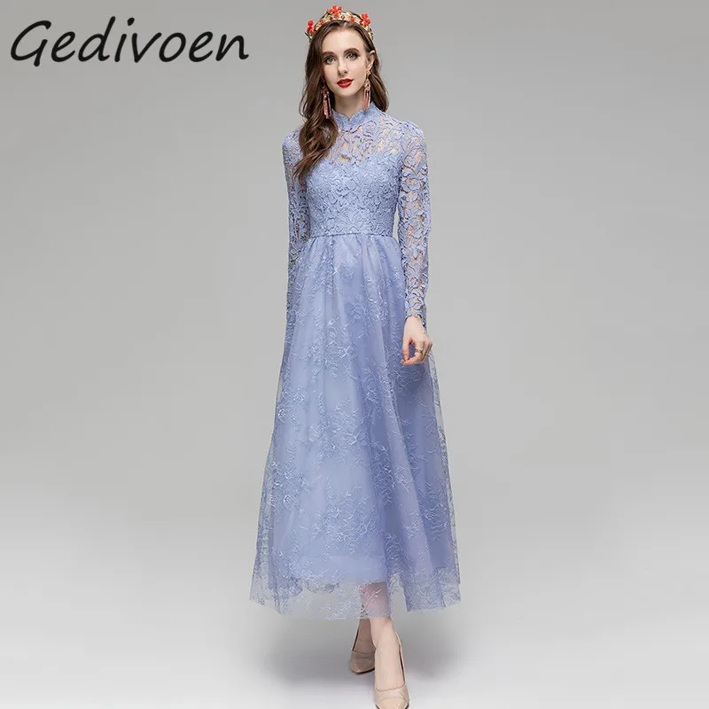 Gedivoen Summer Fashion Designer Vintage Lace Mesh Spliced Dress Women Stand Collar Solid Color Hollow Out Embroidery Long Dress