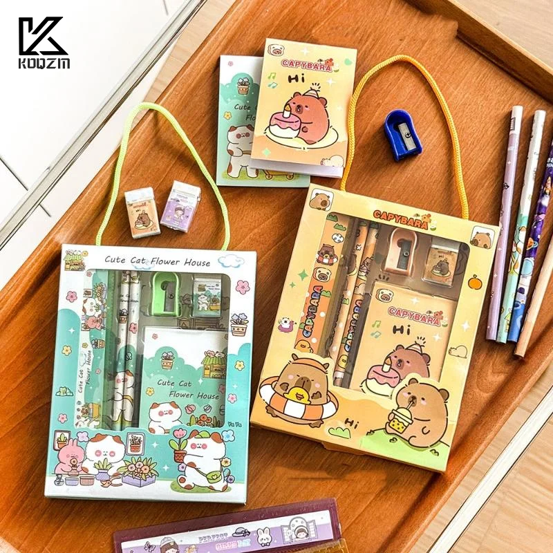 1/2Set Cartoon Capybara Pencil Stationery Set Kawaii Eraser Pencil Sharpener Children Student Stationery Supplies