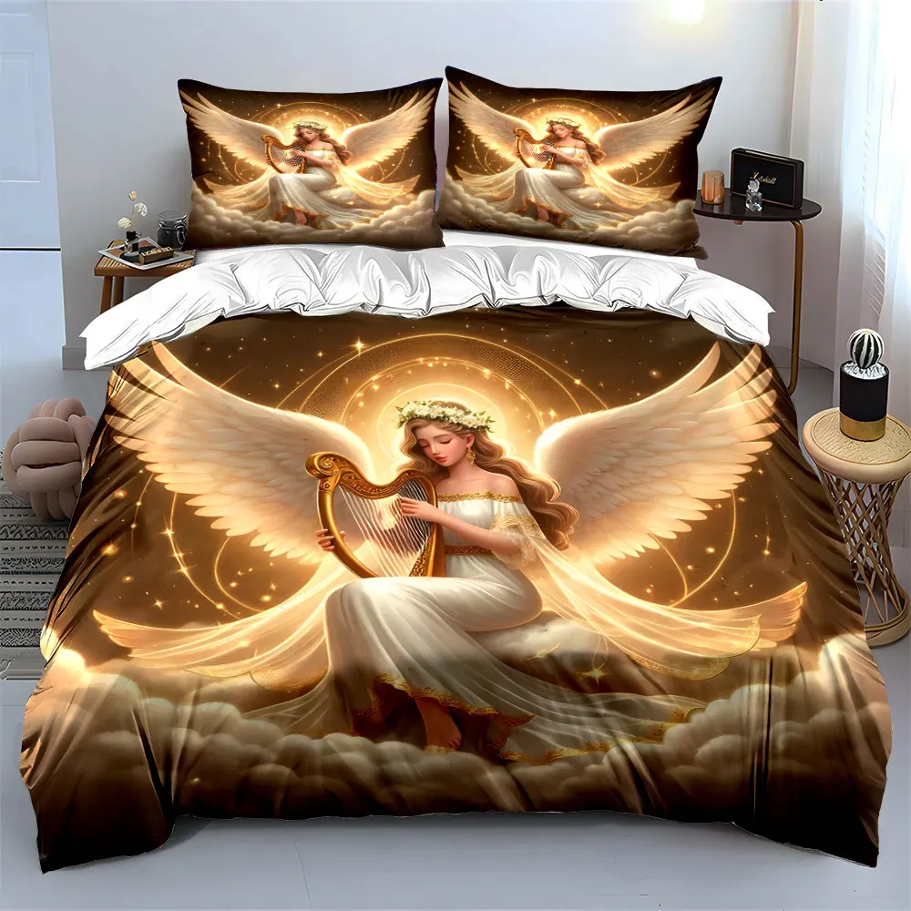 Angel playing harp, glowing radiance Print Soft Comfortable Duvet Cover Bedding Set Included 1*Duvet Cover  2*Pillowcases