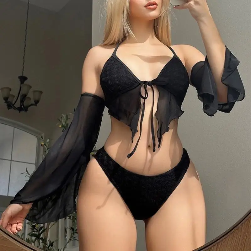 U2JB Womens Triangle Bikinis Set with Arm Sleeve, Two Pieces Bathing Suits Set Front Tie Bikinis Top and High Waist Bottom