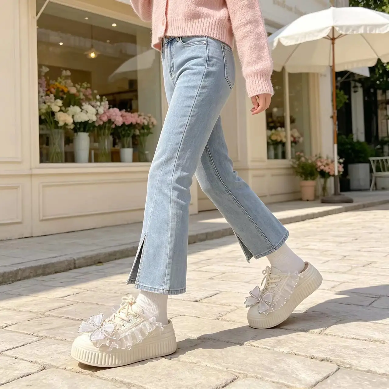 White low-top pearl lace rhinestone beaded canvas shoes - custom-made with thick sole, large size women's slippers, size 35-39