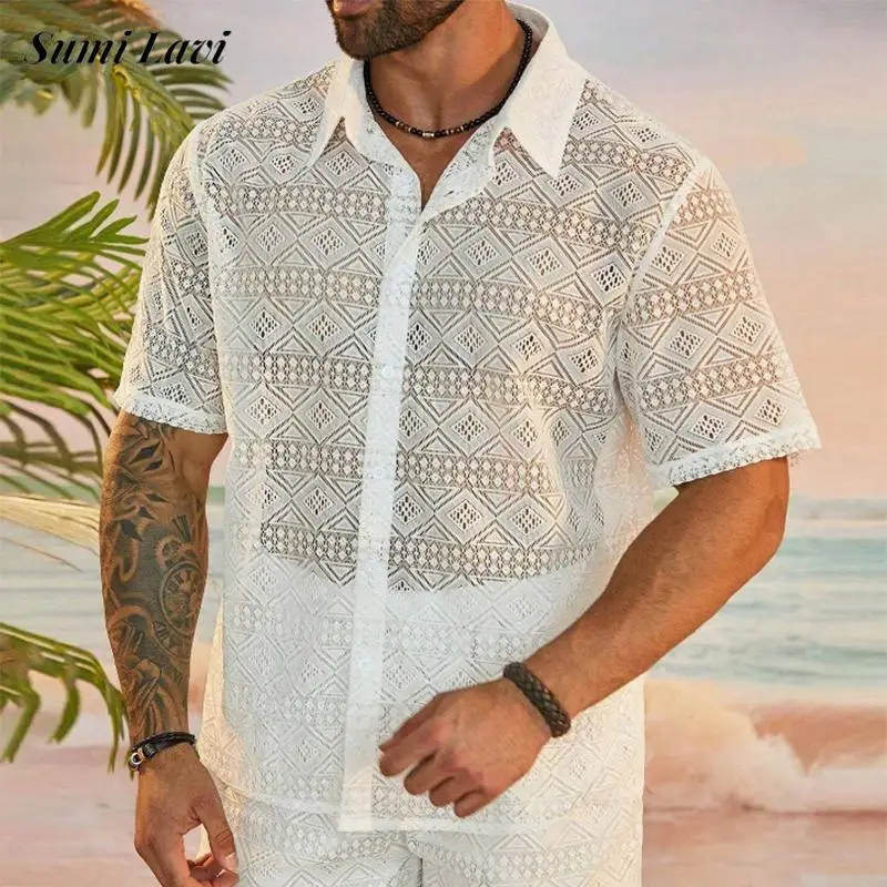 

2024 Summer Beach Casual Shirts Men Sexy Hollow Out Transparent Mesh Lace Shirt For Mens Clothes Fashion Short Sleeve Cardigans