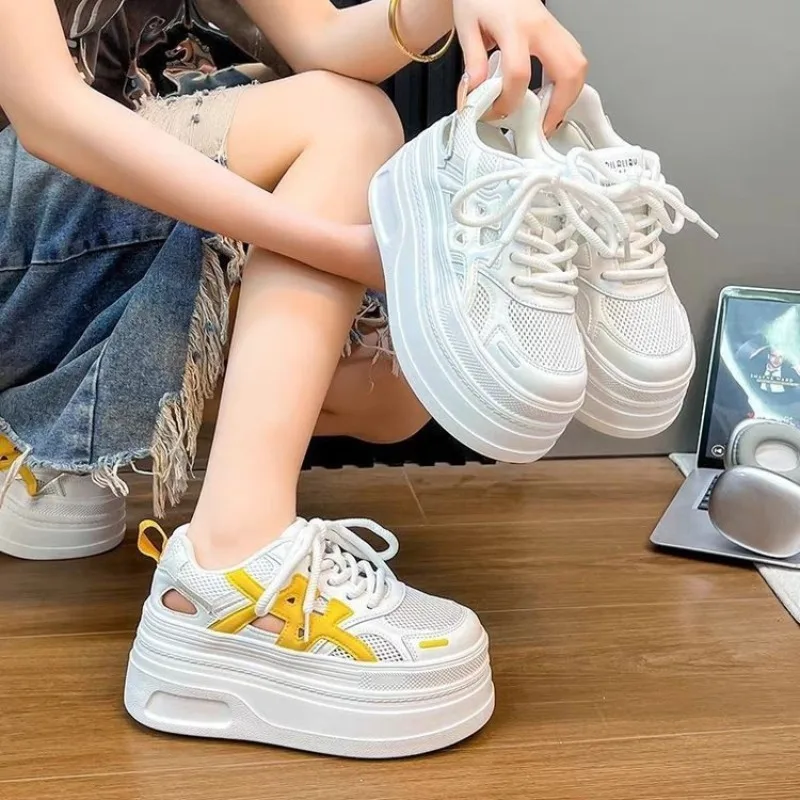 

2025 New Mesh Breathable Board Shos, Casual Shoe Sponge Cake Thick Sole, Height Increasing Hollow Out White Shoes for Women