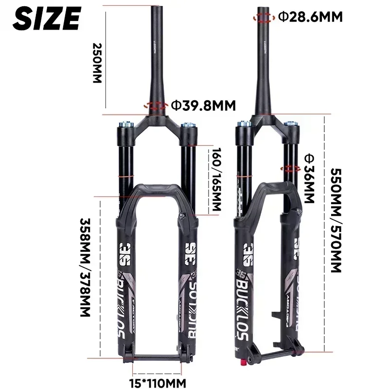 BUCKLOS 27.5/29 Inch Mountain Bike Air Fork 36mm Tube Travel 160mm MTB Air Suspension Fork 15*110mm Thru Axle Disc Brake Fork