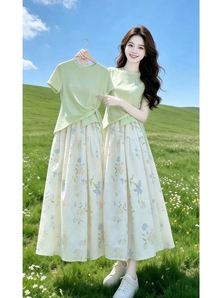 

Floral Print Asymmetrical Short Sleeve T-Shirt And Half-length Skirt Women's Summer Fashion Set Casual Style High Waist Short...