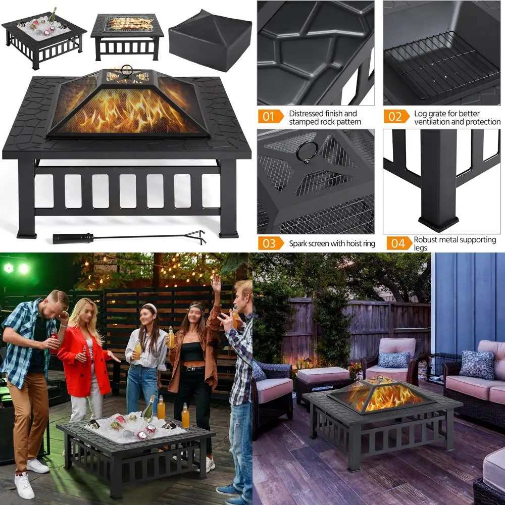 

"34" square outdoor wood fire pit with mesh screen, waterproof steel construction for patio use