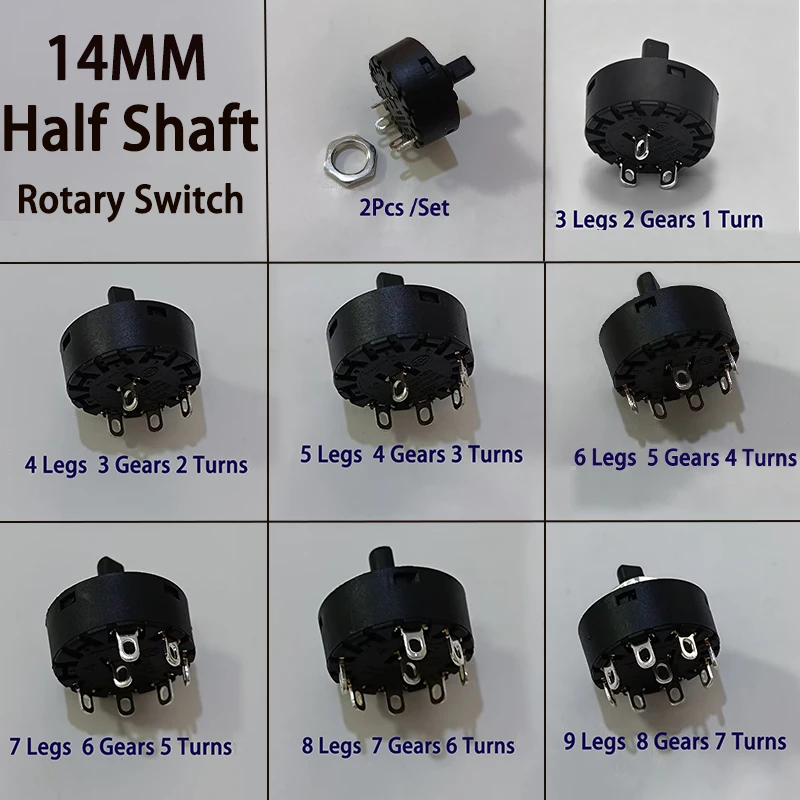 14mm Half Shaft Rotary Knob Switch 6A Multi Position 2-8 Gears 3-9 Pin Electric Oven Heater Temperature Power Control Switch