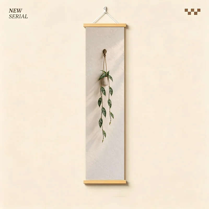 Trailing Leaf Wall Art 4-Panel Green Plant Pot Hanging Scroll Set on Beige Silver Shimmer Canvas for Airy Bedroom Decor