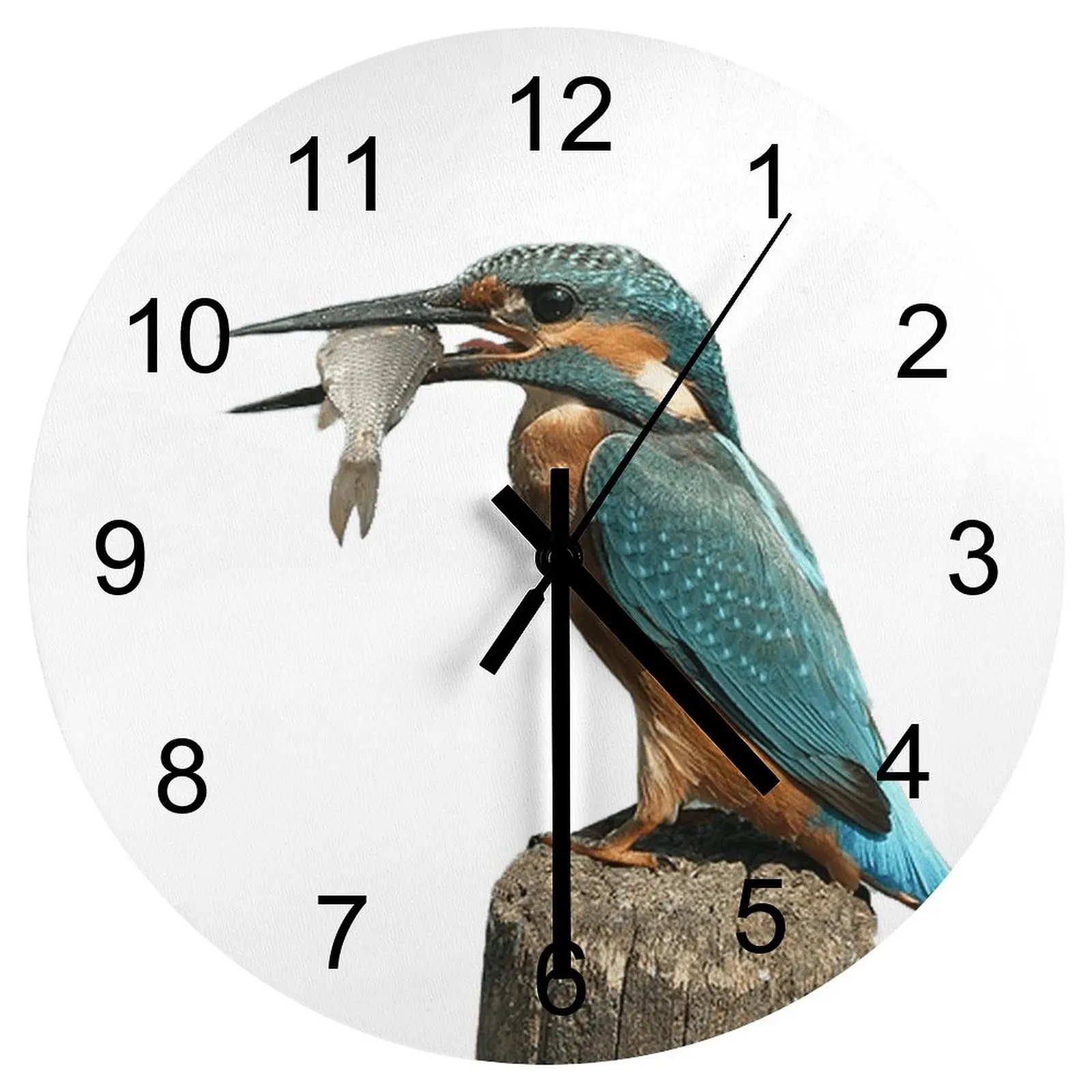 Hallway Wall Clock Birds catch fish Clocks 12 inch Silent Wood Round 3D Display Novelty