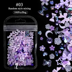 100pcs 3D Resin Pink Purple Nail Charm Flowers Heart Bear Mixed Nail Art Decoration Kawaii Pink Ribbon Bowknot DIY Nail Part