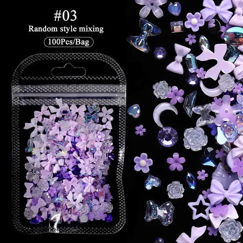 100 Uds. De abalorios para uñas de resina 3D, color rosa y morado, flores, corazón, oso, decoración artística de uñas mixta, cinta rosa Kawaii, lazo, pieza para uñas DIY