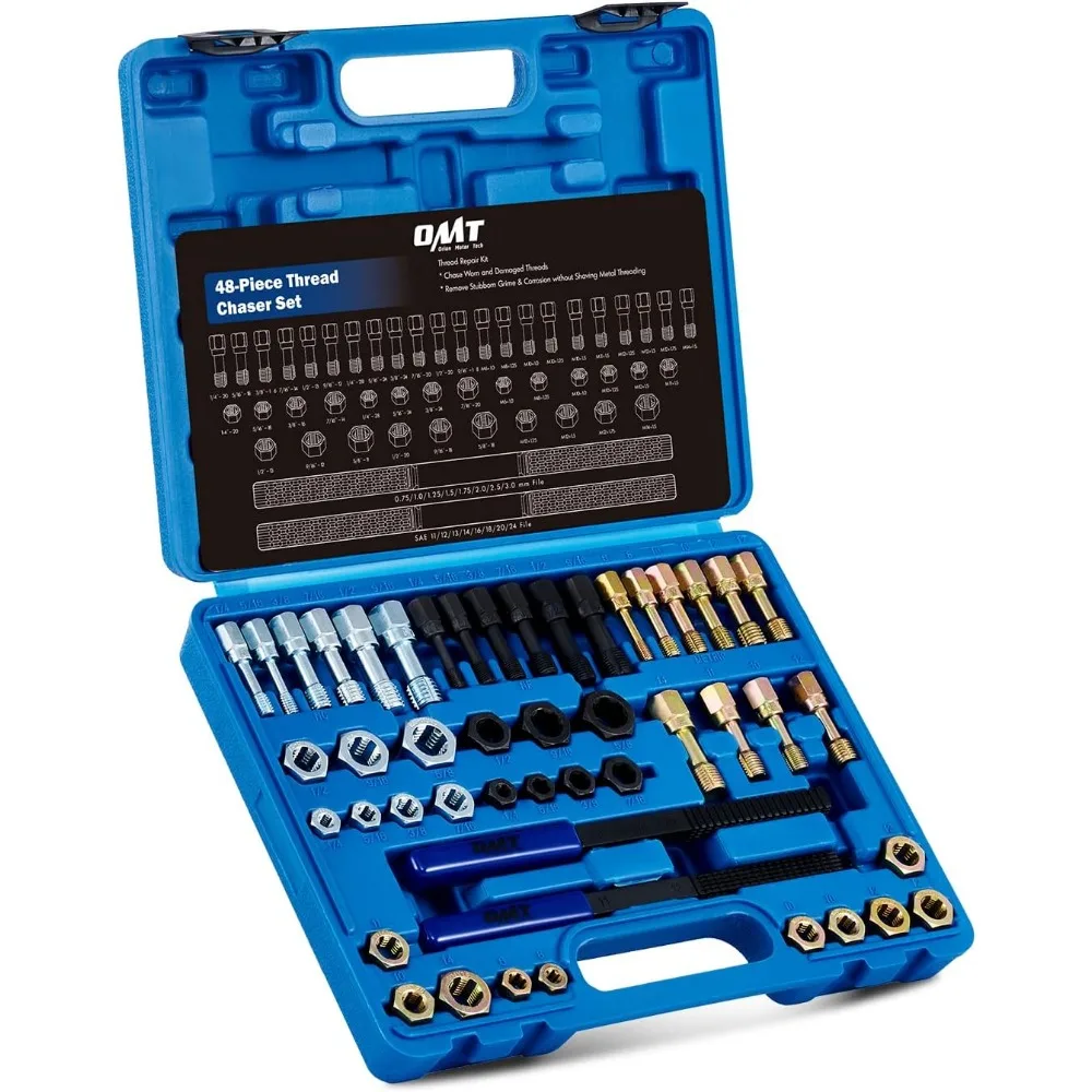 48-Piece Metric and SAE Thread Repair Kit with Taps, Dies, and Thread Files