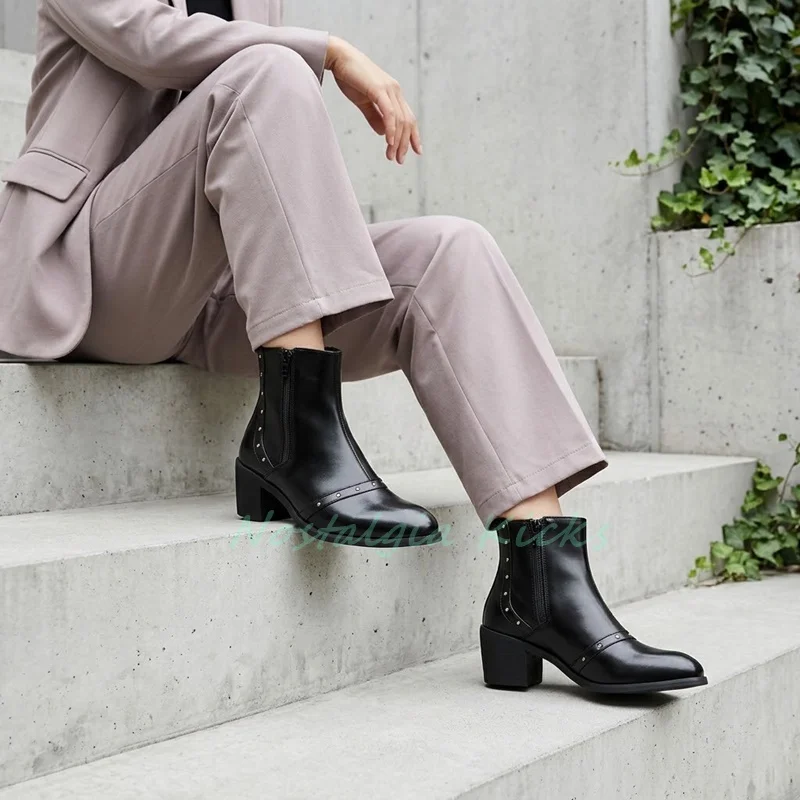 Men Rivet Studded Ankle Boots Side Zipper Pointed Toe Cuban Block Heel Dress Booties Vintage Punk Motorcycle Shoes For Walking