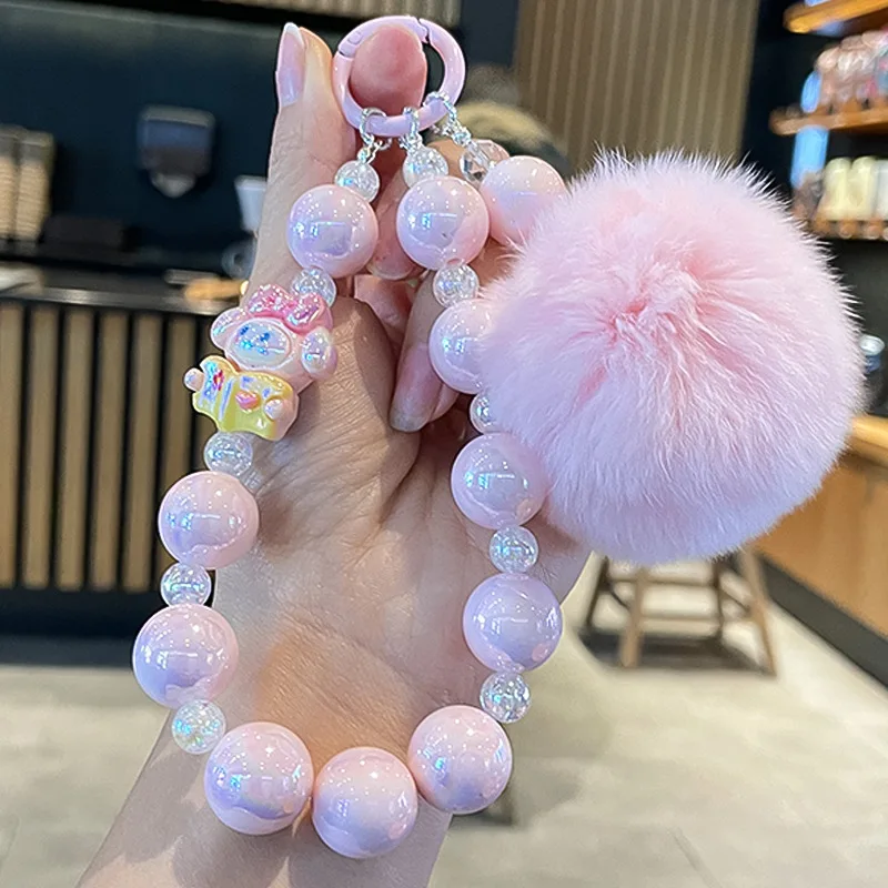 New Sanrio High-end Plush Bead String Mobile 키링 Girl Famous Hairy Player String Keychain Cute Girl Heart Bracelet Keychain
