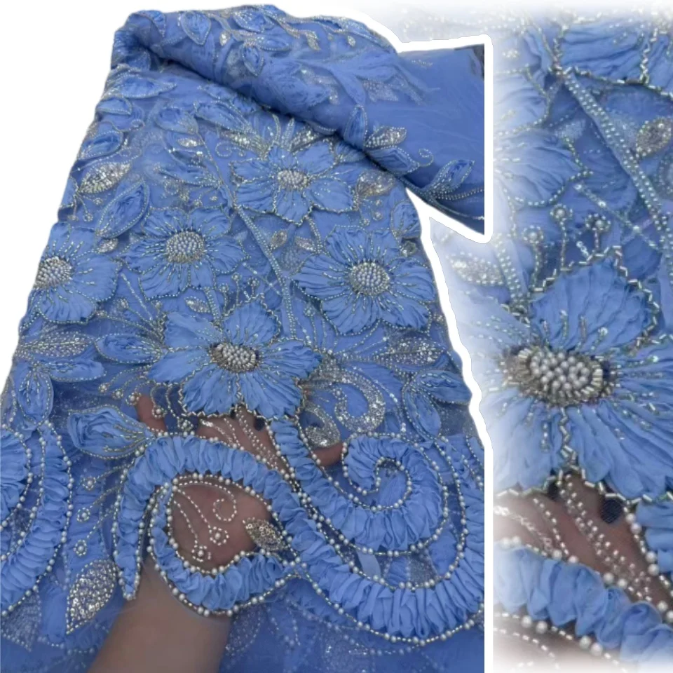 

High Quality African Nigerian Elegant Beaded Embroidered Fabric French Tulle Lace Fabric with Sequin for Party Wedding TP1751