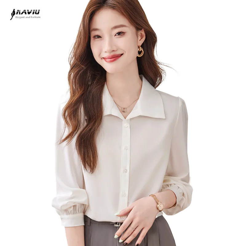 

NAVIU Women Spring Korean Skim Colid Color Peter pan Collar Long Sleeve Shirts Fashion Clothes Casual All match Office Lady Tops