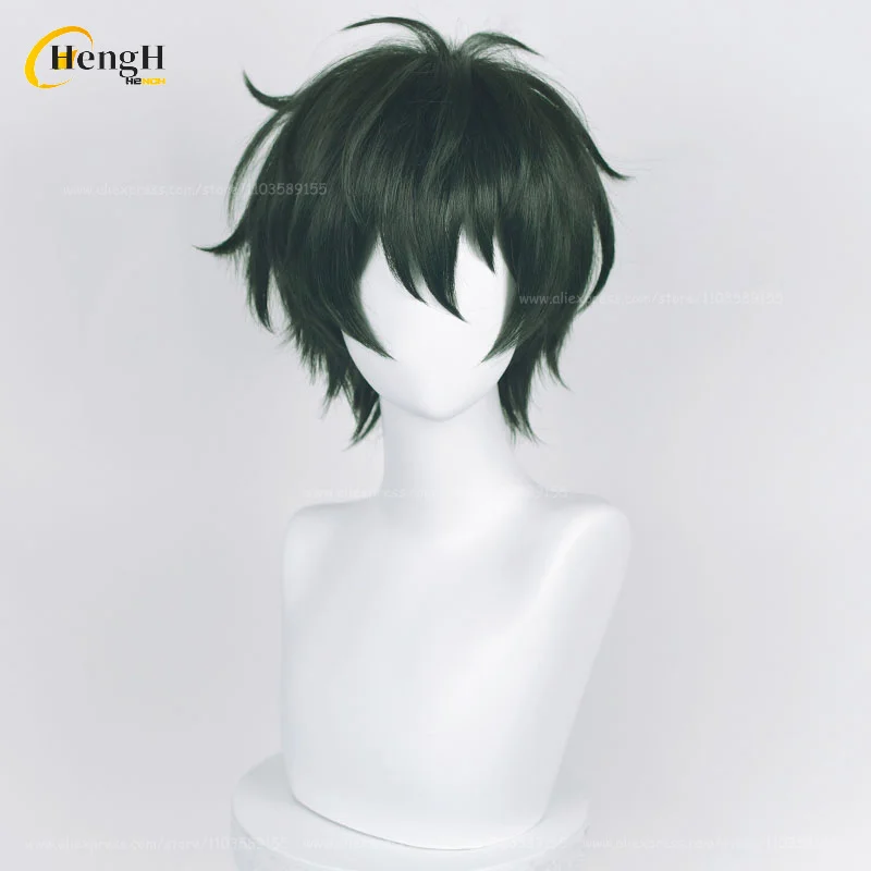 In Stock Synthetic Anime Kagehira Mika Cosplay Wig Unisex Short 30cm Dark Green Wig Heat Resistant Hair Halloween Wigs + Wig Cap