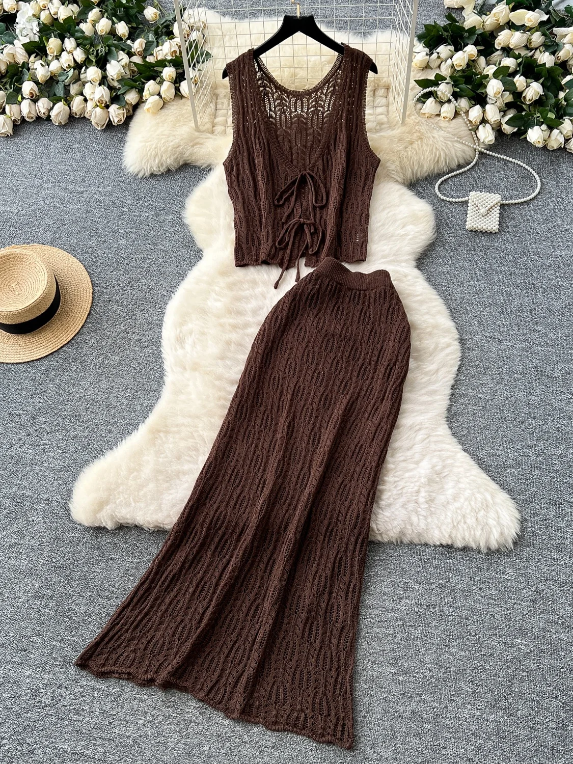 

Retro Ethnic Knitted Long Semi-Body Skirt Set Women Summer Svel Belted Open Cardigan High Waist Slimming Maxi Skirt