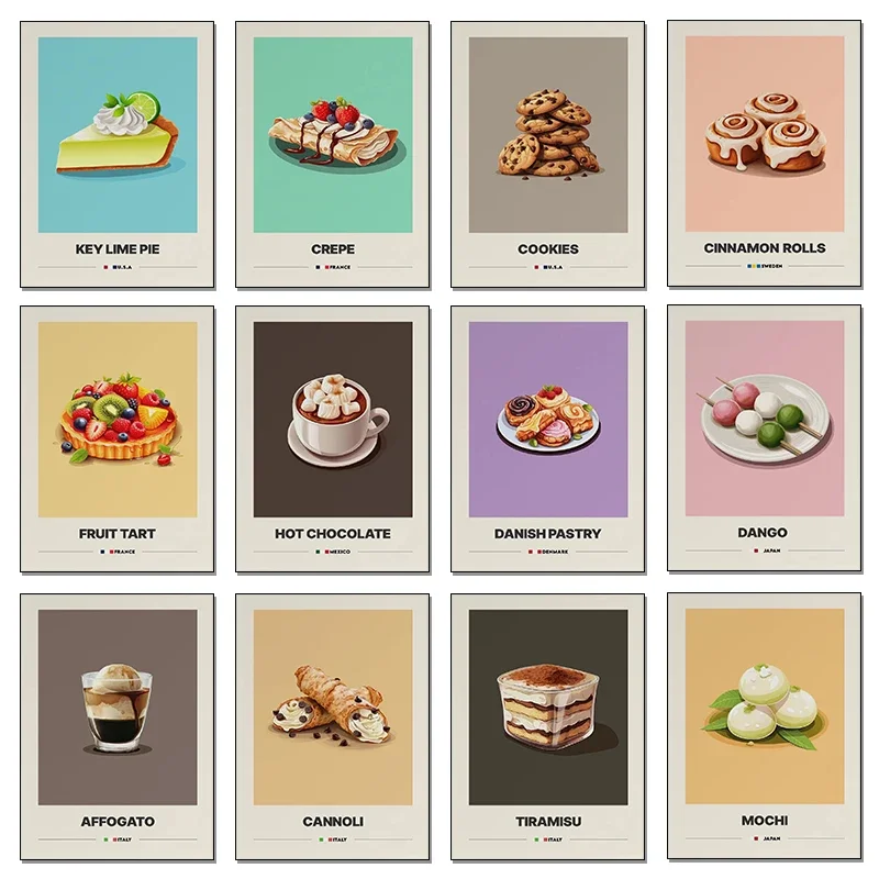 Póster de Arte de Pared con Diseño de Postres, Café, Biscotti, Cornetto, Galletas, Donuts, Tarta, Pastel Red Velvet, Cuadros Decorativos para el Hogar