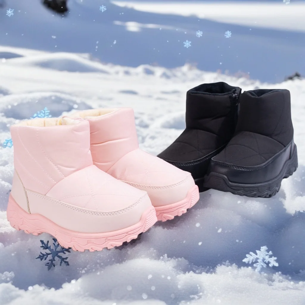 Kids Outdoor Water-Resistant Snow Boots with Fleece Lining ,Non-Slip Sole, Black And Pink Warm Winter Shoes